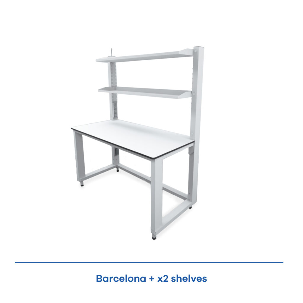 Barcelona modular laboratory workstation with steel frame and adjustable shelves.