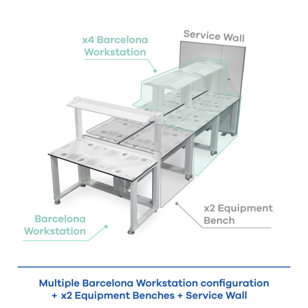 Barcelona workstation configured with heavy-duty equipment benches and a modular service wall for laboratory utilities.