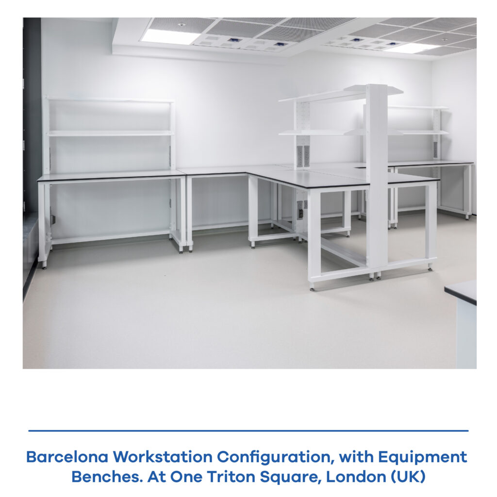 Real laboratory installation featuring multiple Barcelona modular workstations arranged in a complete workspace.