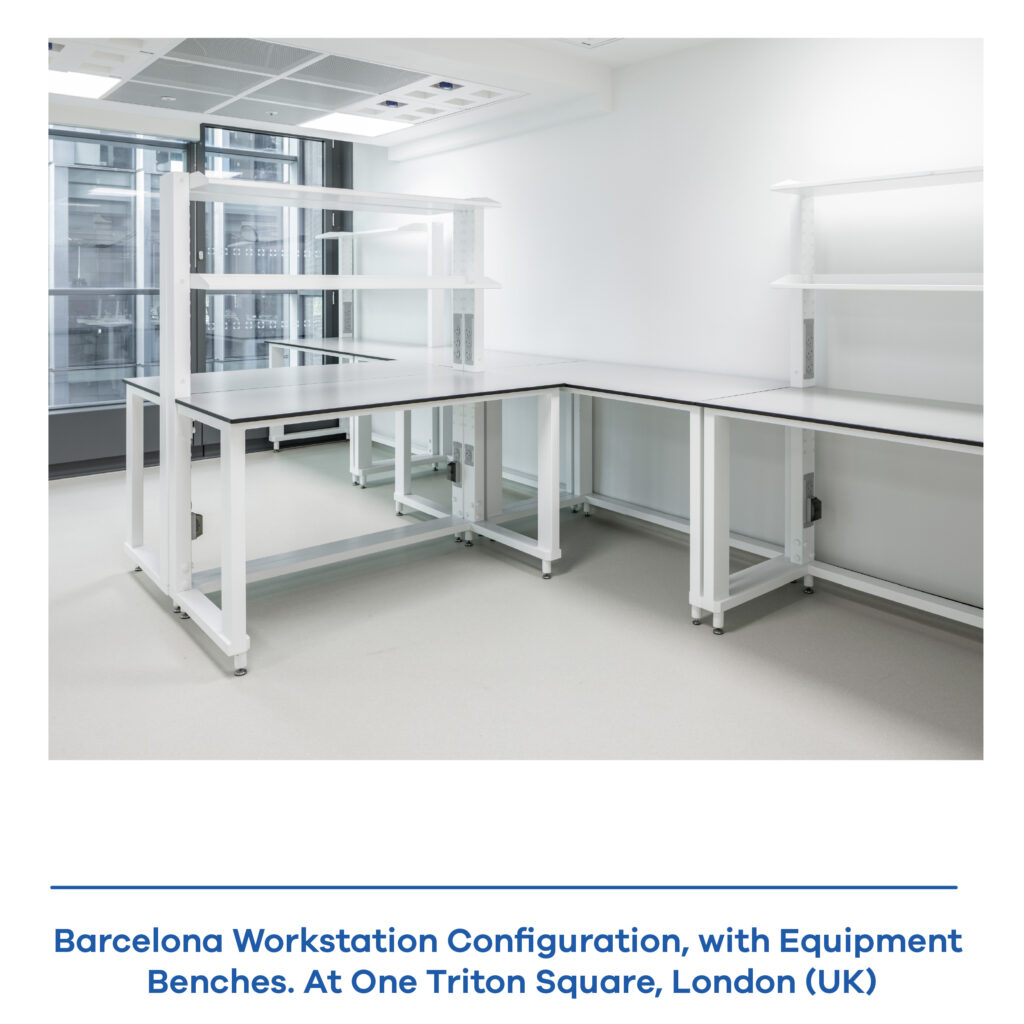 Real laboratory installation featuring multiple Barcelona modular workstations arranged in a complete workspace.