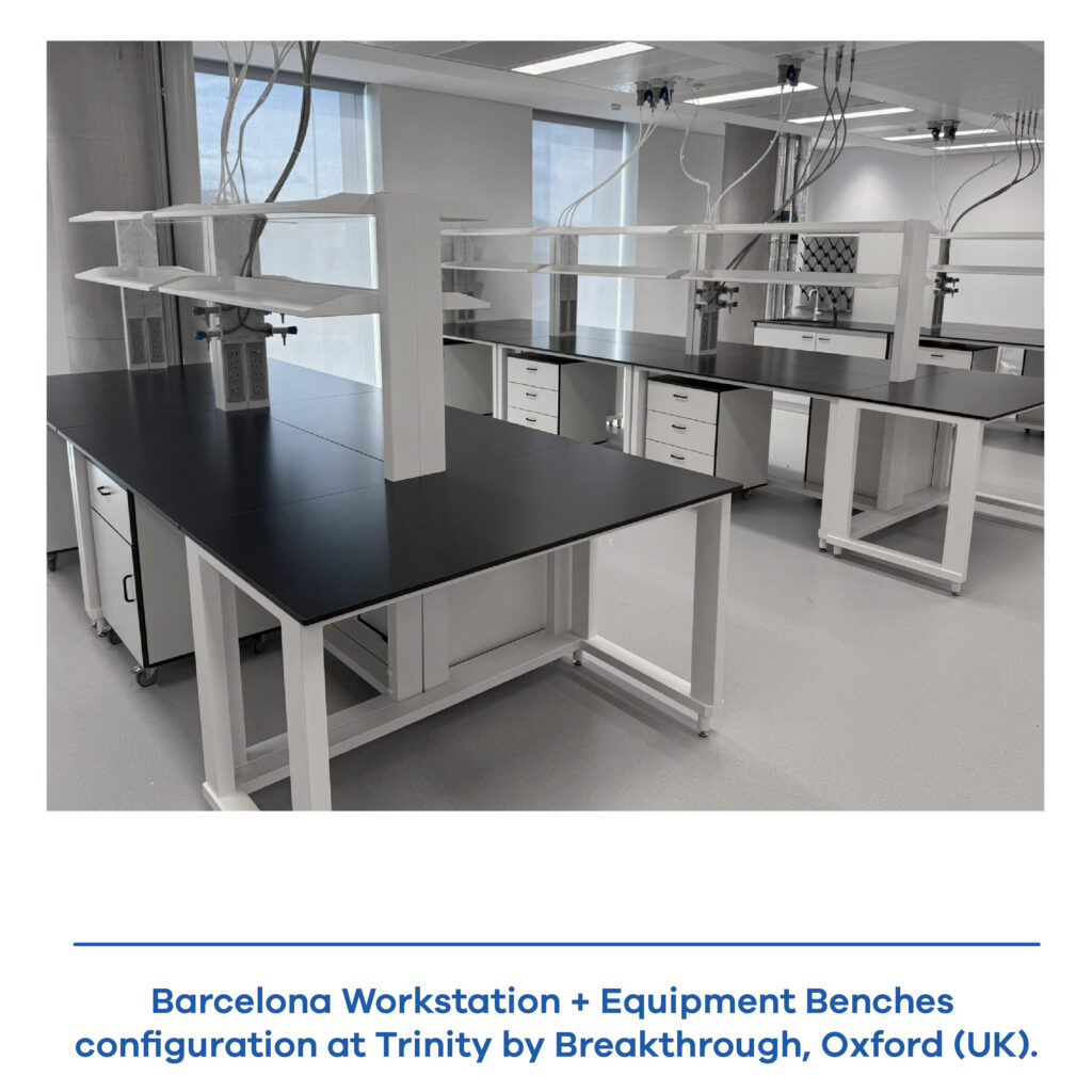 Real laboratory installation featuring multiple Barcelona modular workstations arranged in a complete workspace.