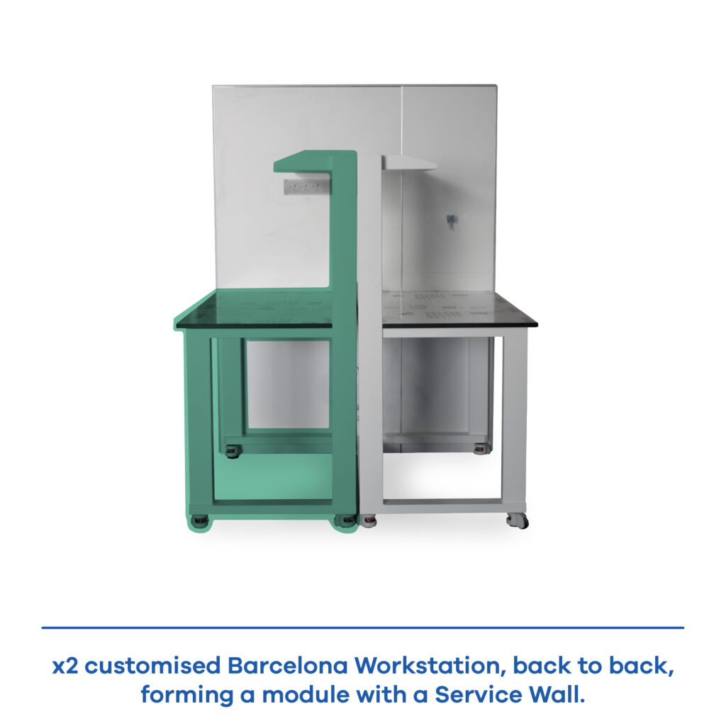 Barcelona modular laboratory workstations configured in a back-to-back setup with an integrated central service wall.
