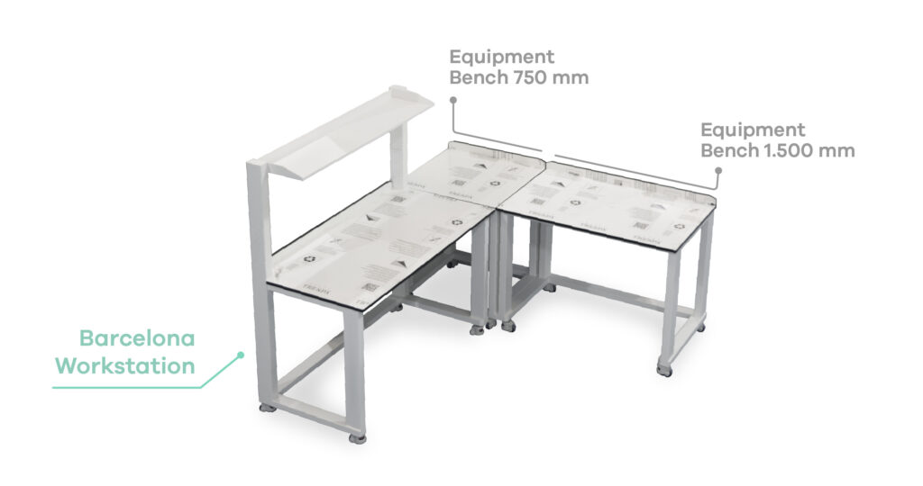 Corner configuration of the Barcelona modular laboratory system, combining one main workstation with two heavy-duty equipment benches.